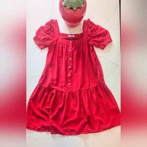 Premium 100% Linen Midi Dress with Heart Buttons - Stunning Red Size Xs